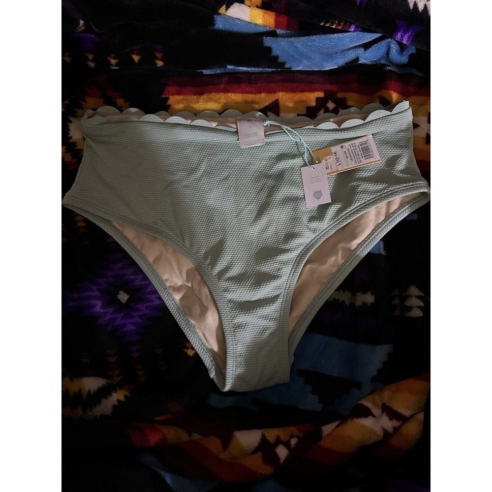 Women's Scalloped Pique High Waist Bikini Bottom- Kona Sol Green Large 12/14 New